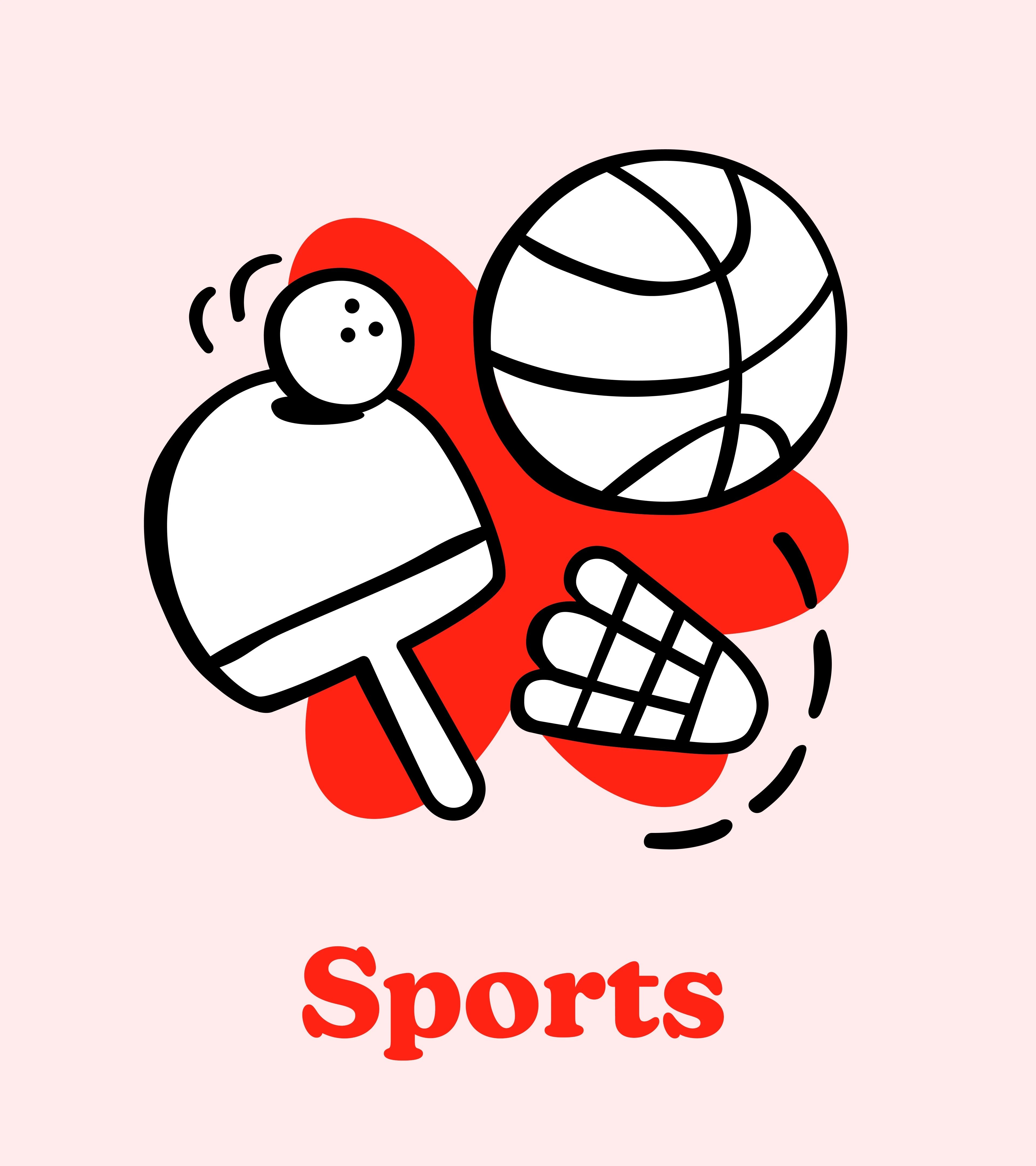 Animated Campsi sports illustration with a ball, racket, and shuttlecock