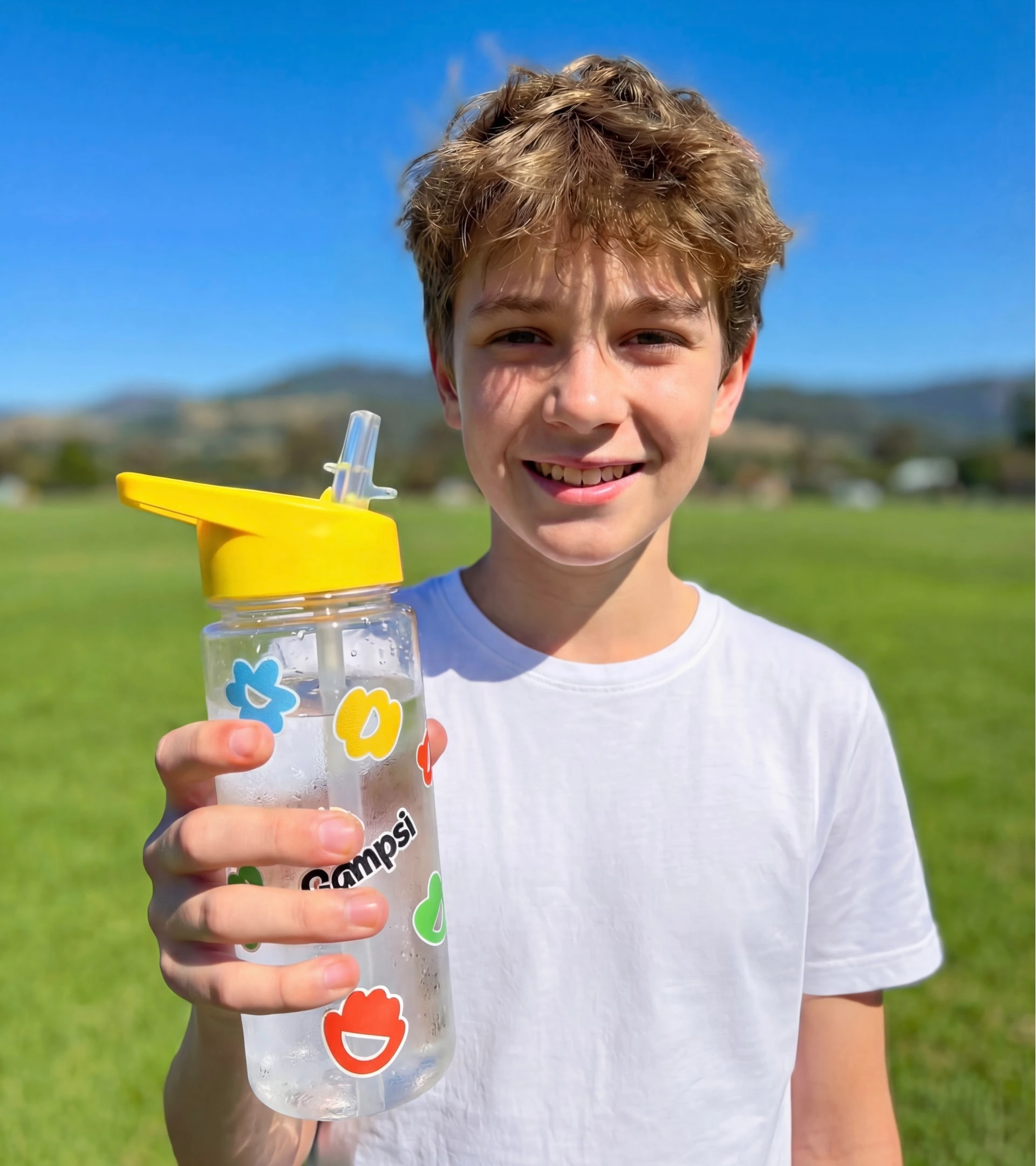 Child holding a water bottle decorated with Campsi stickers