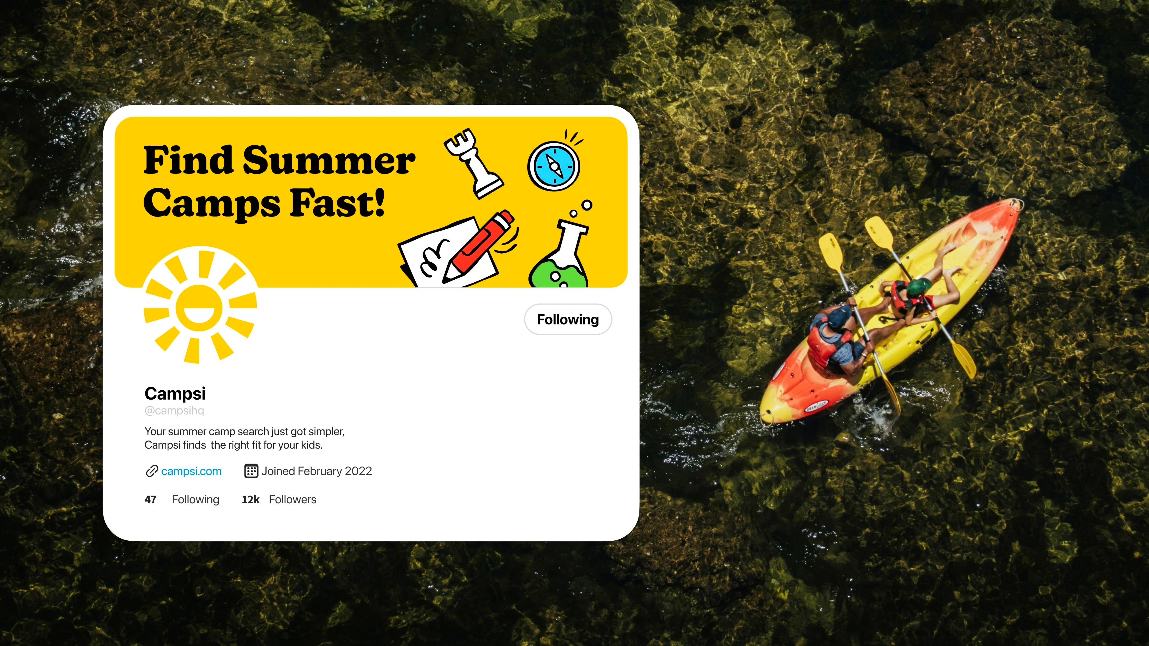 Campsi social profile over an aerial photo of children kayaking
