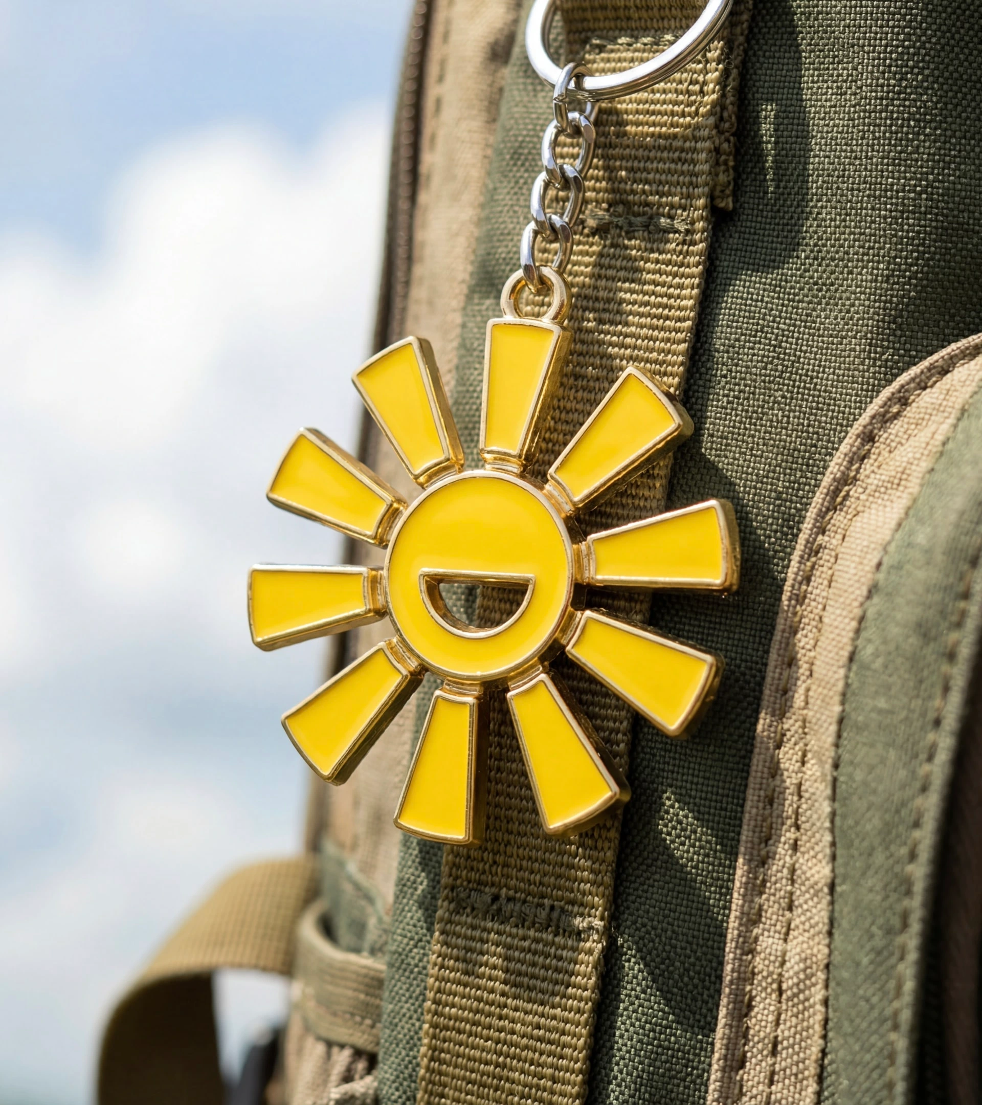 Yellow Campsi sun icon keychain attached to a backpack
