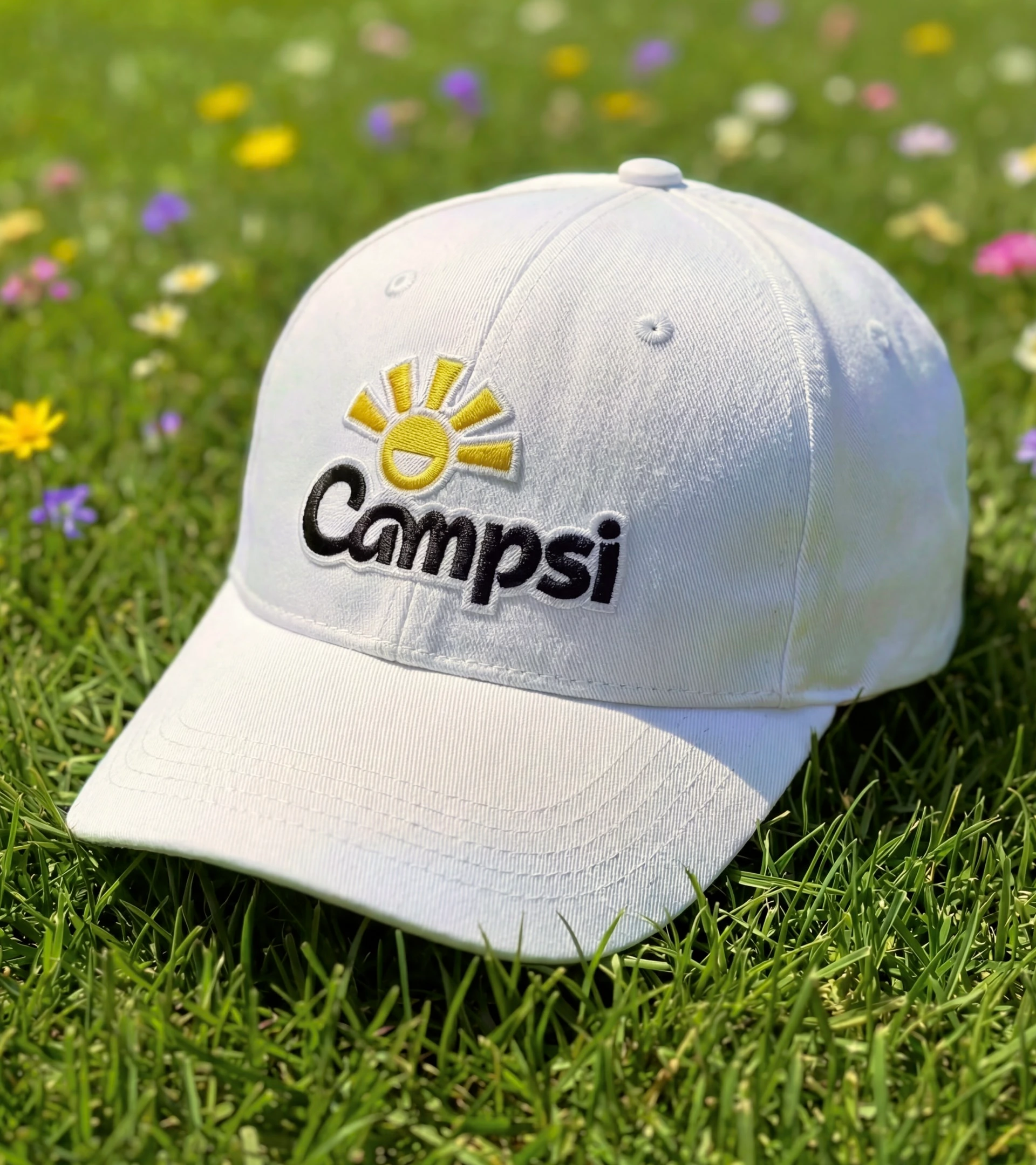 White cap embroidered with the Campsi wordmark and sun icon