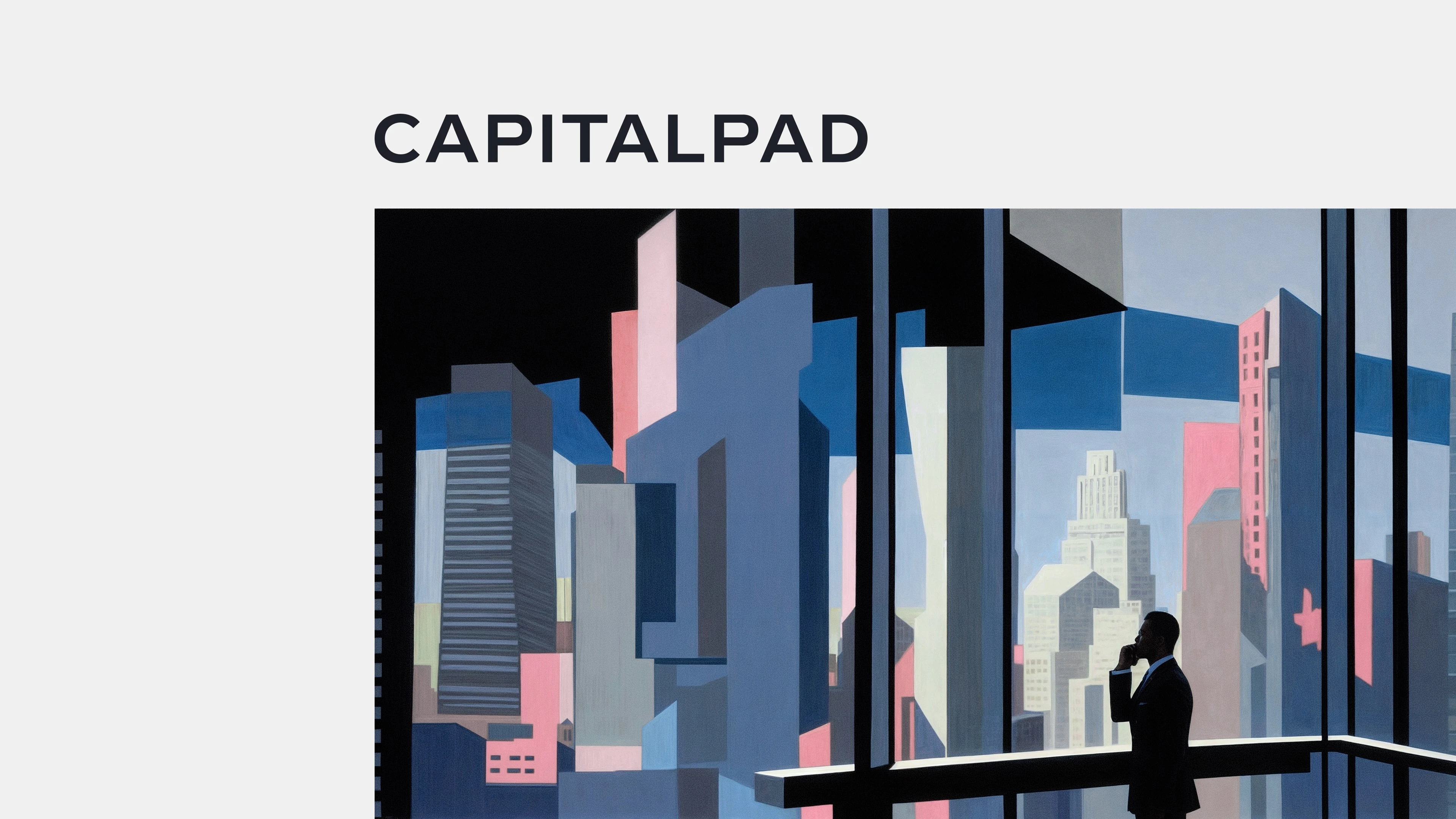 CapitalPad wordmark above an illustration of a city viewed from an office