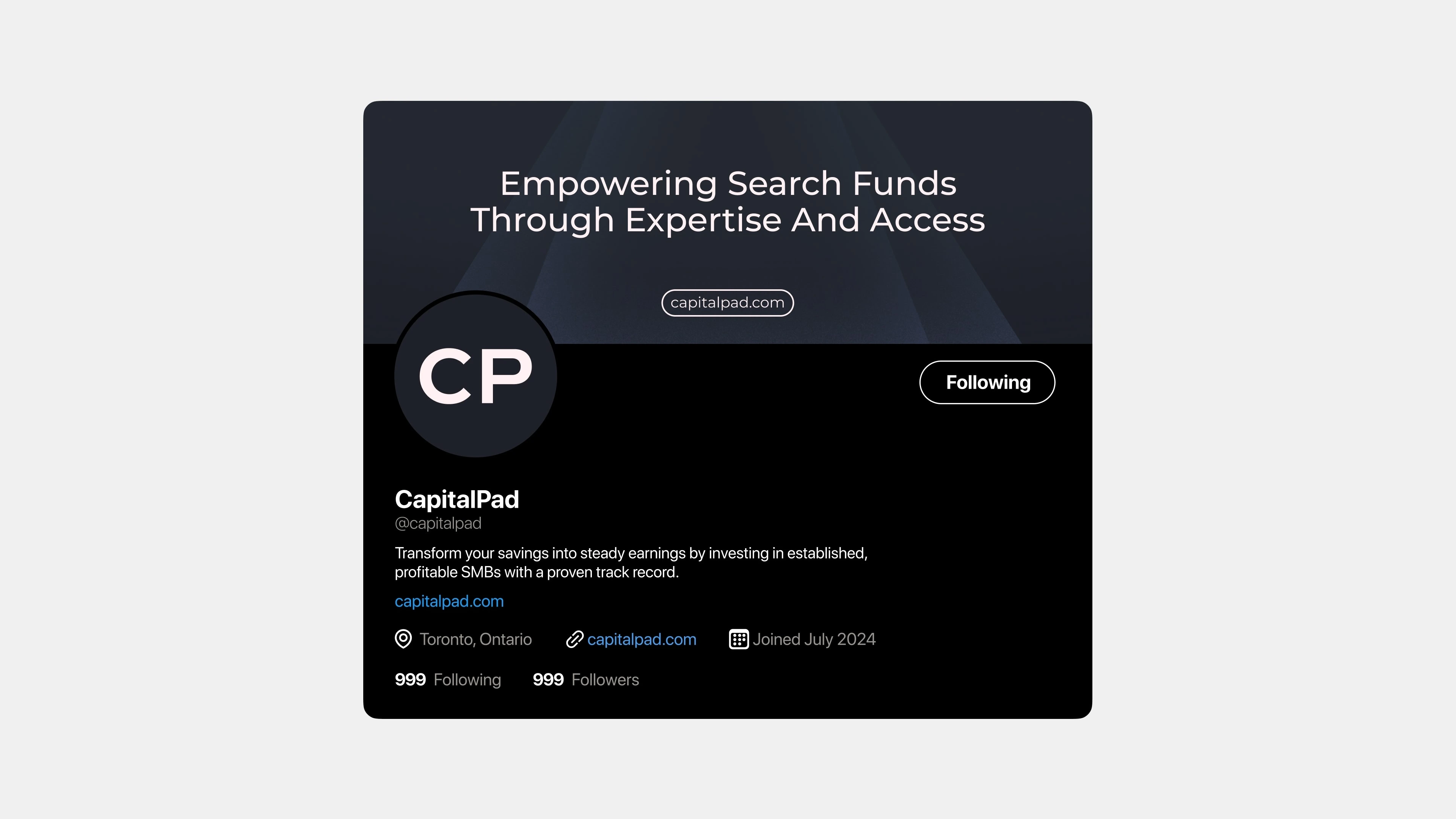 CapitalPad social profile using the CP monogram and dark brand palette