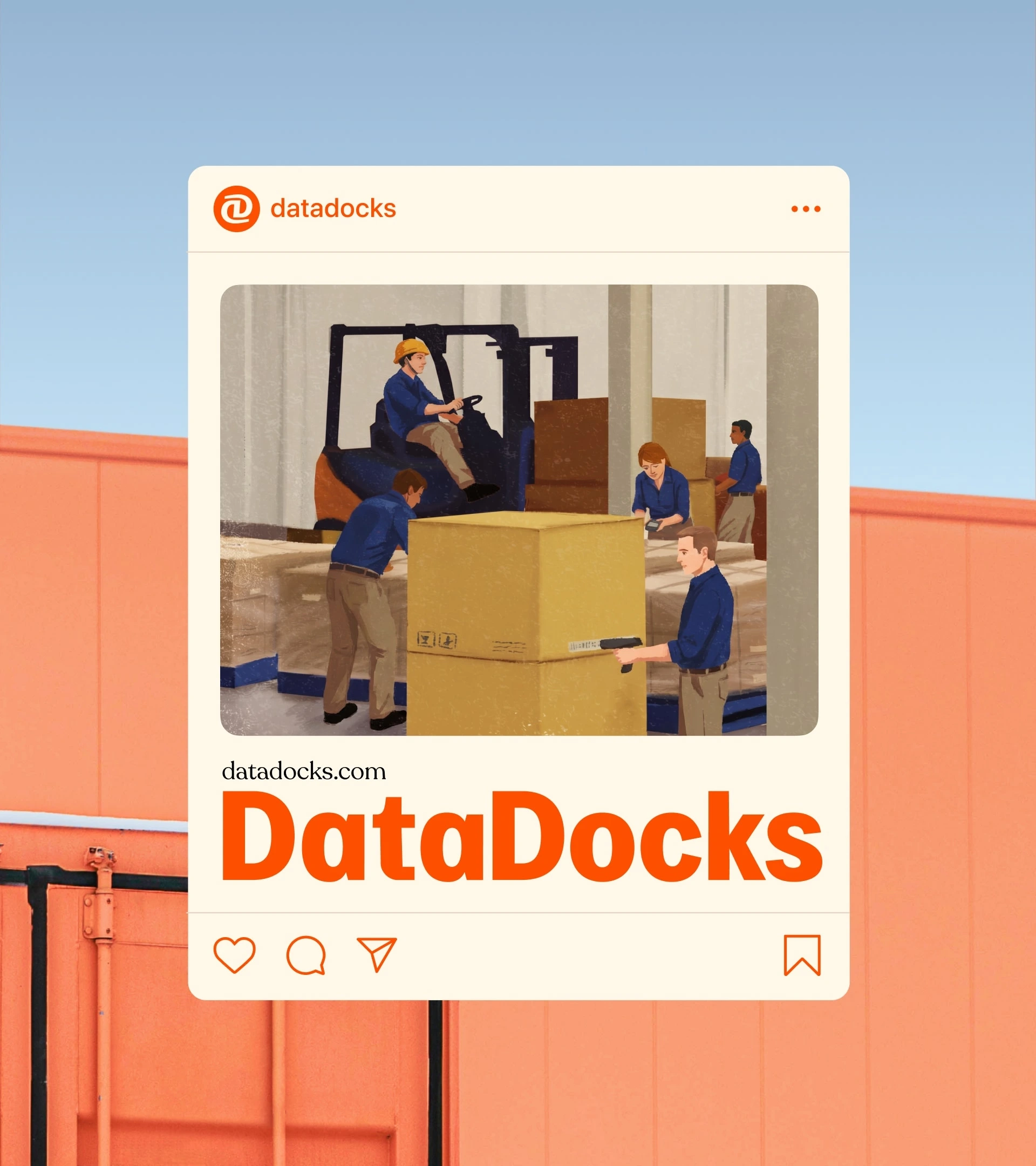 DataDocks social post showing an illustrated warehouse team