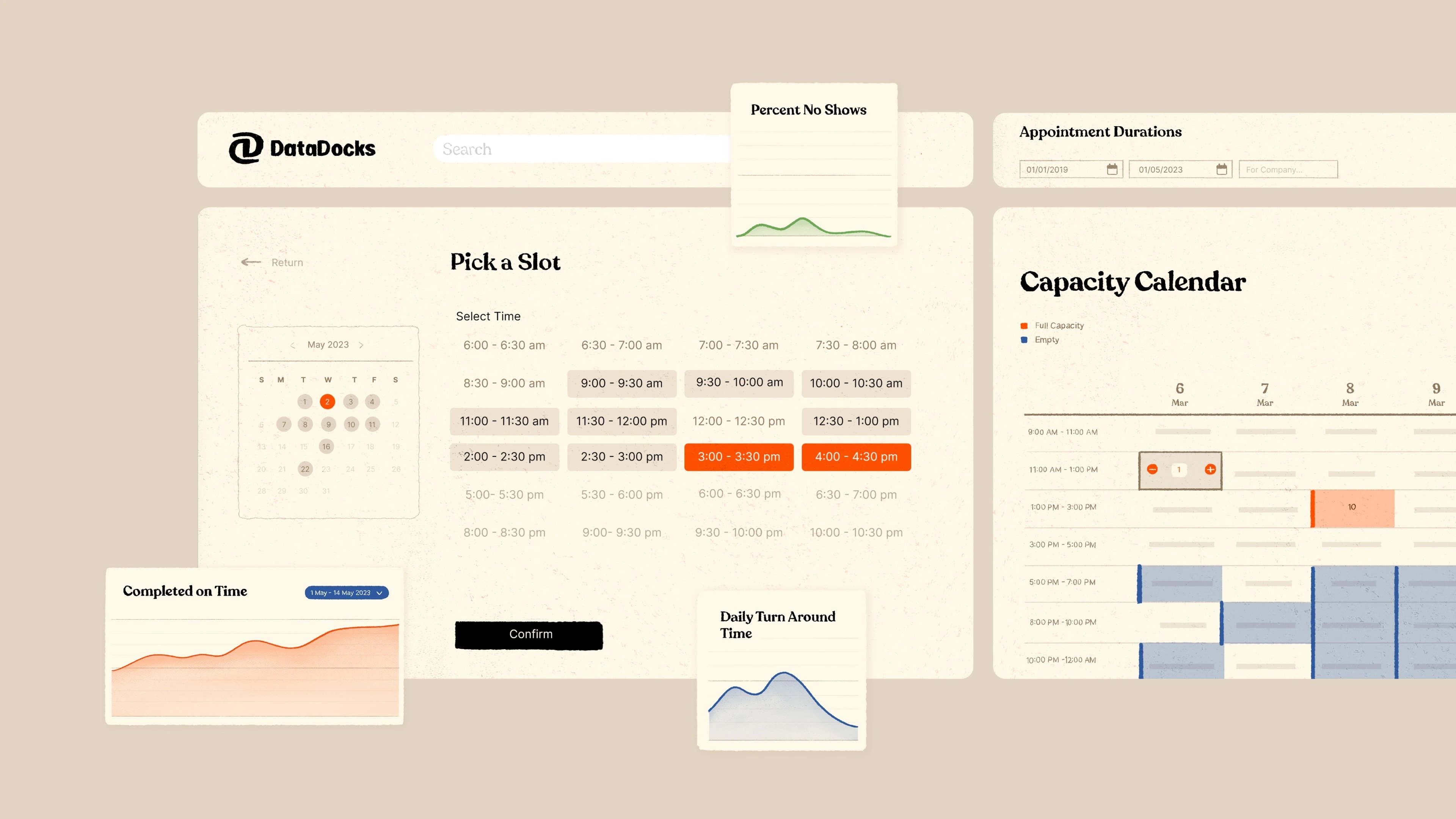 DataDocks scheduling interface with time slots, capacity calendar, and performance charts