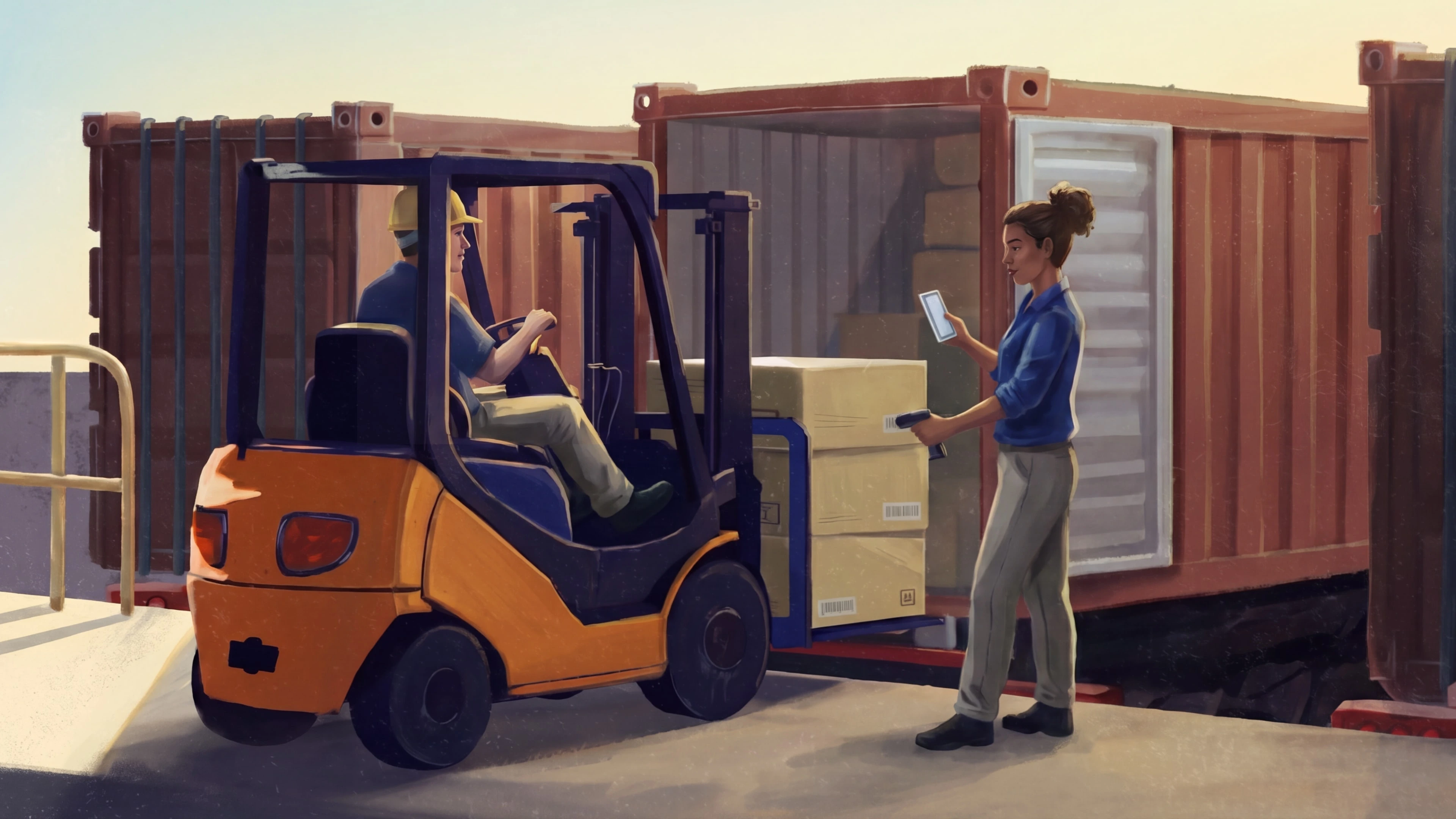 Illustration of workers scanning freight beside a forklift and shipping container