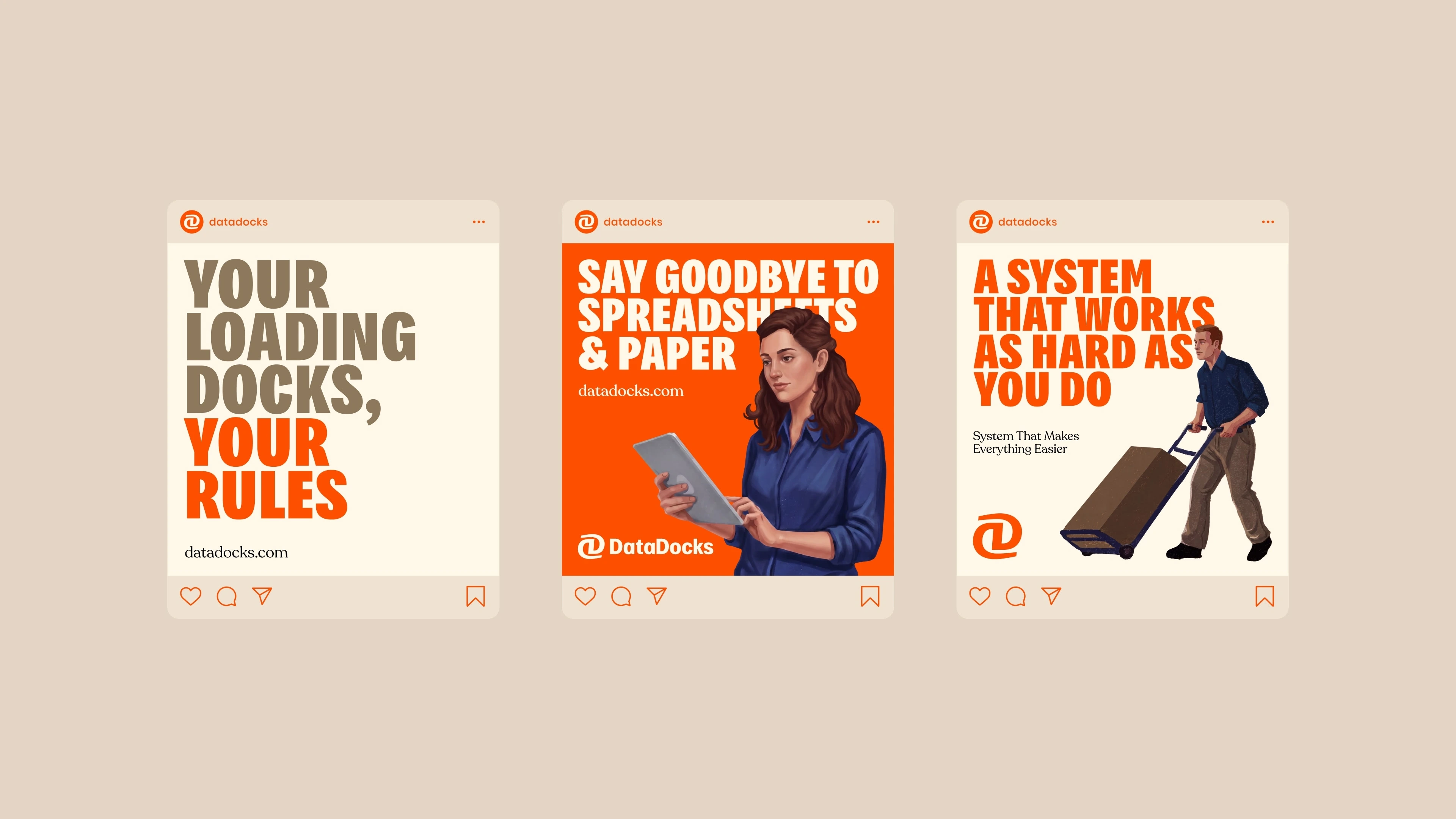 DataDocks social posts combining operational messages and worker illustrations