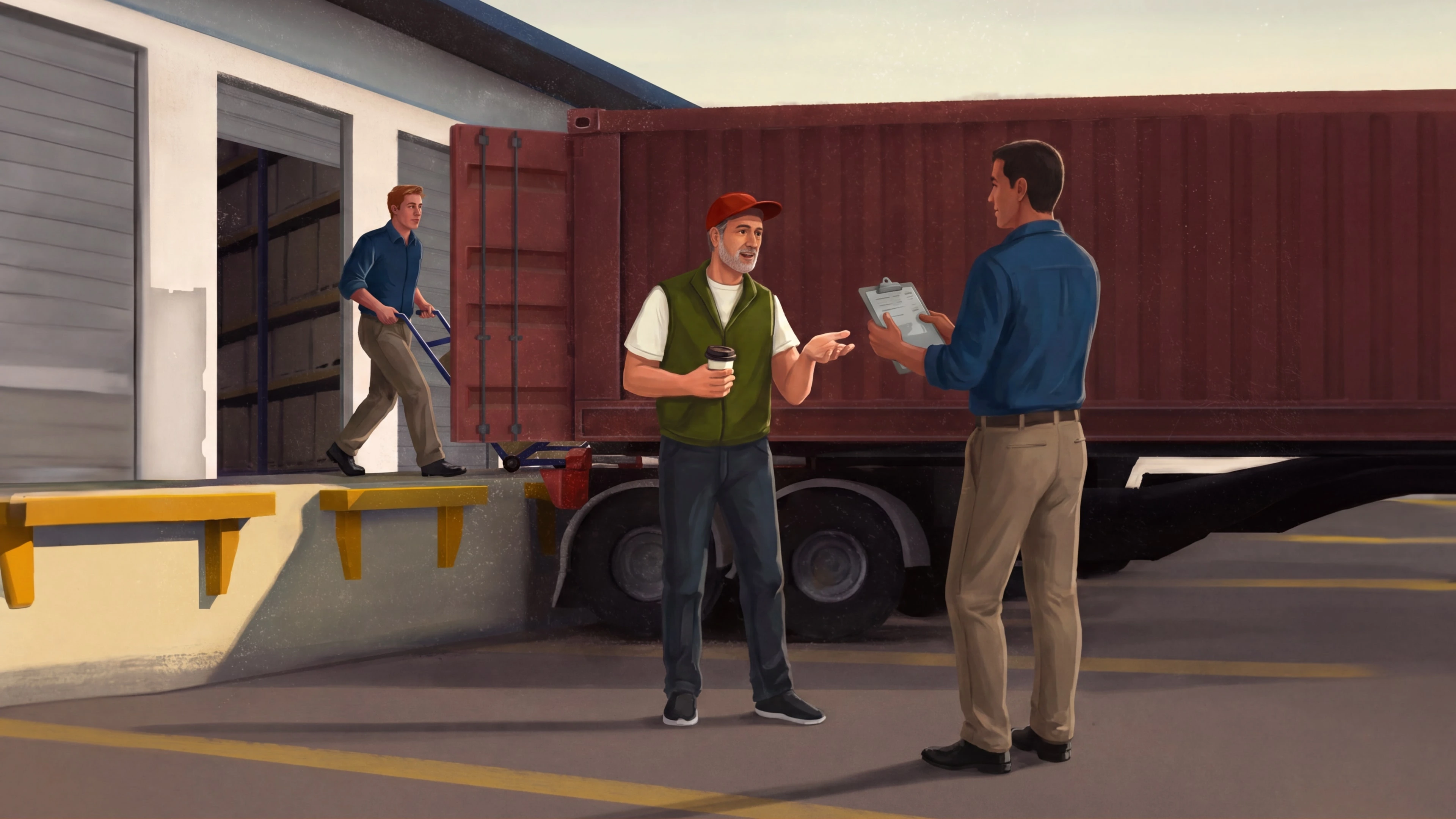 Illustration of loading dock staff coordinating beside a freight truck