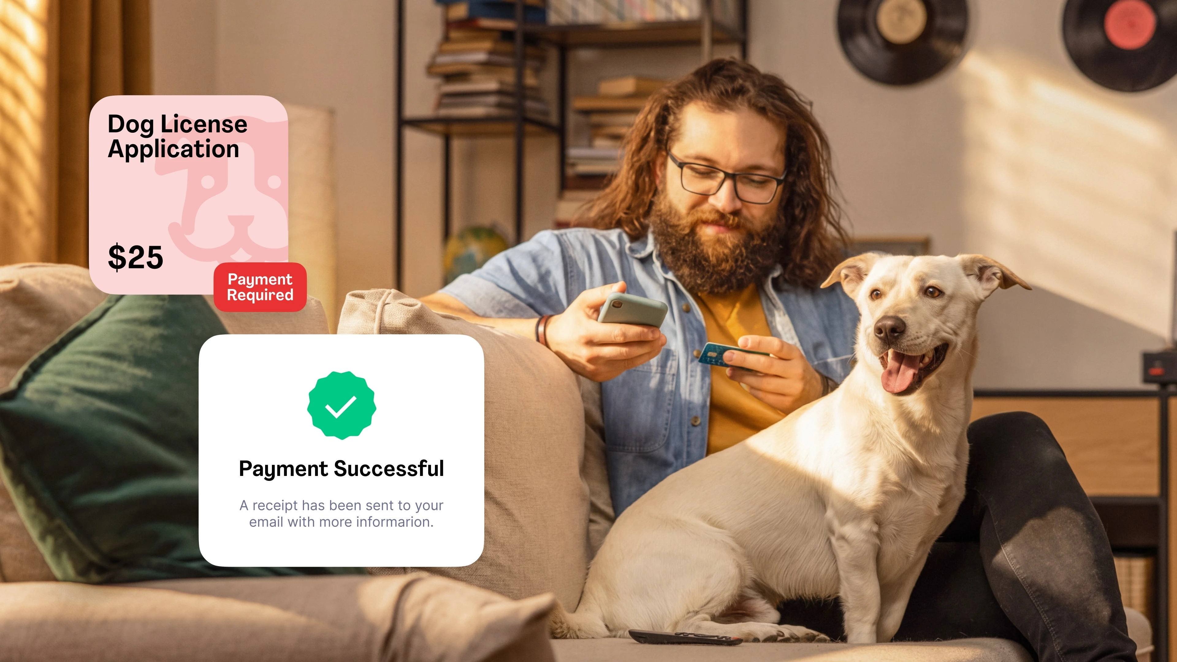 Resident paying for a dog license online while sitting with a dog