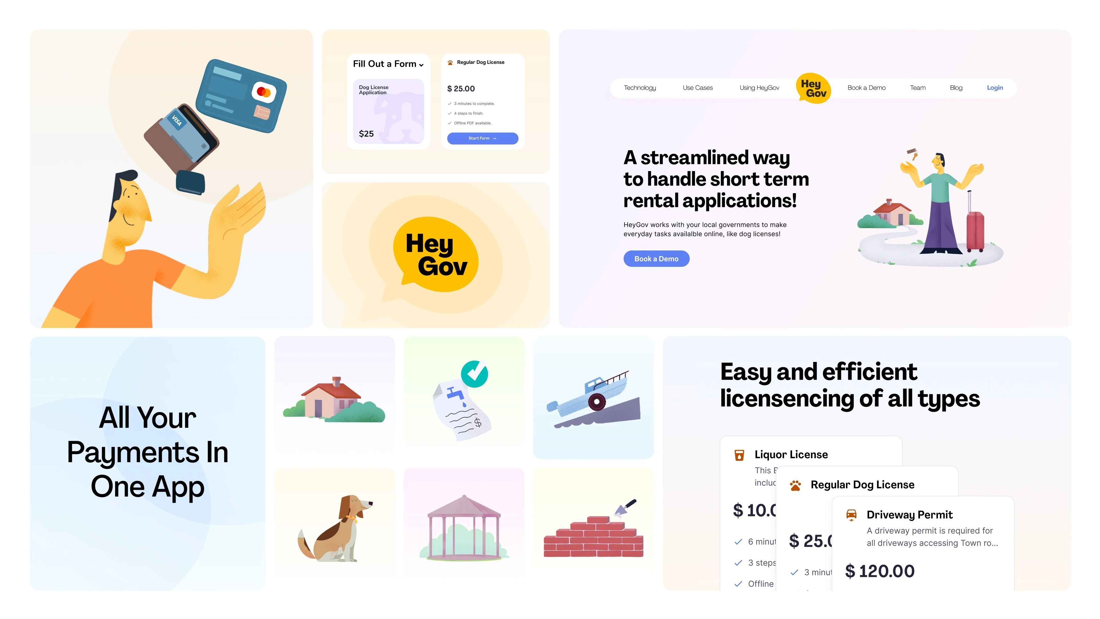 HeyGov brand system across payment cards, website layouts, and civic illustrations