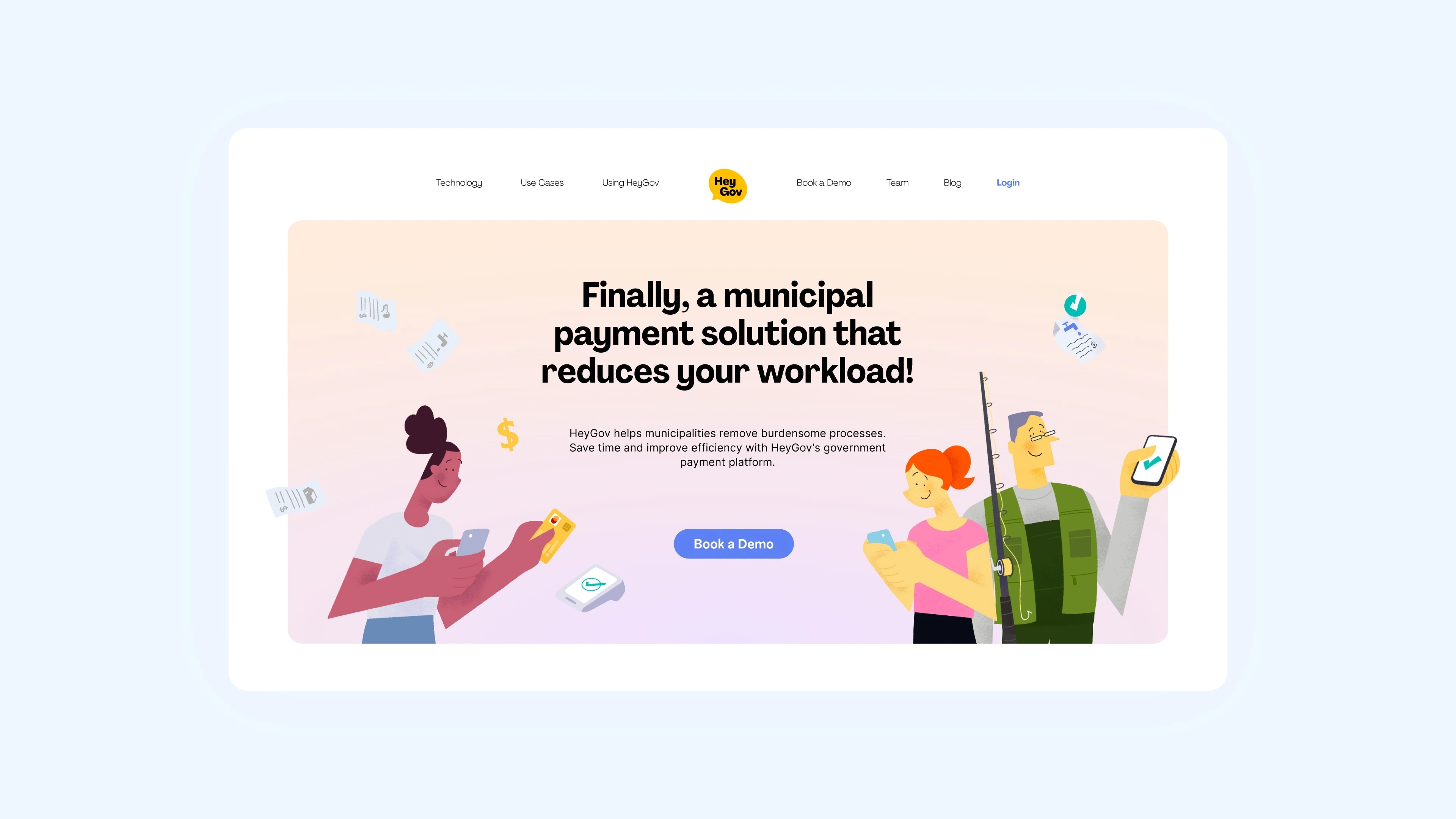 HeyGov website presenting a municipal payment solution with civic illustrations