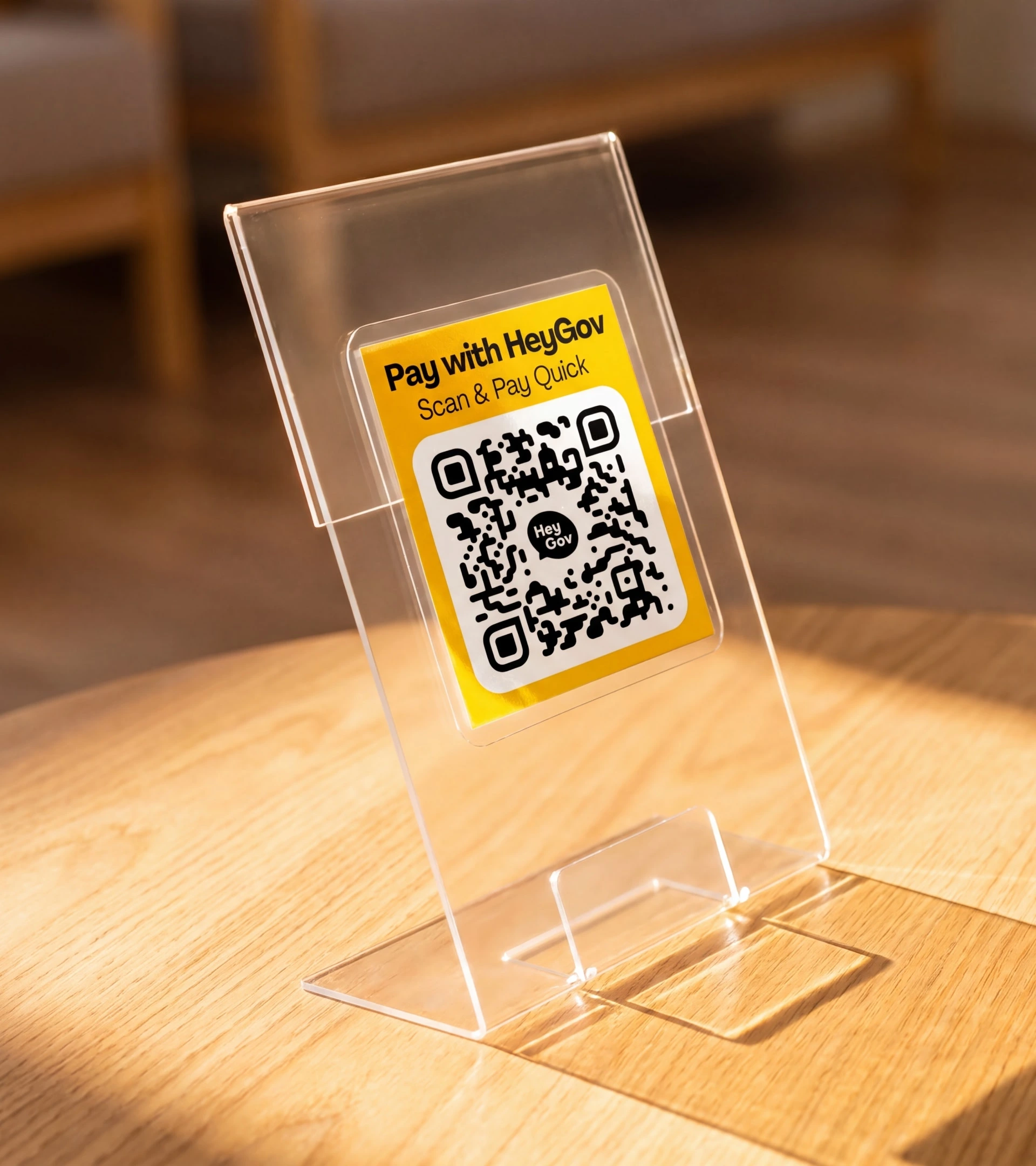 HeyGov Scan and Pay QR code displayed on a countertop sign