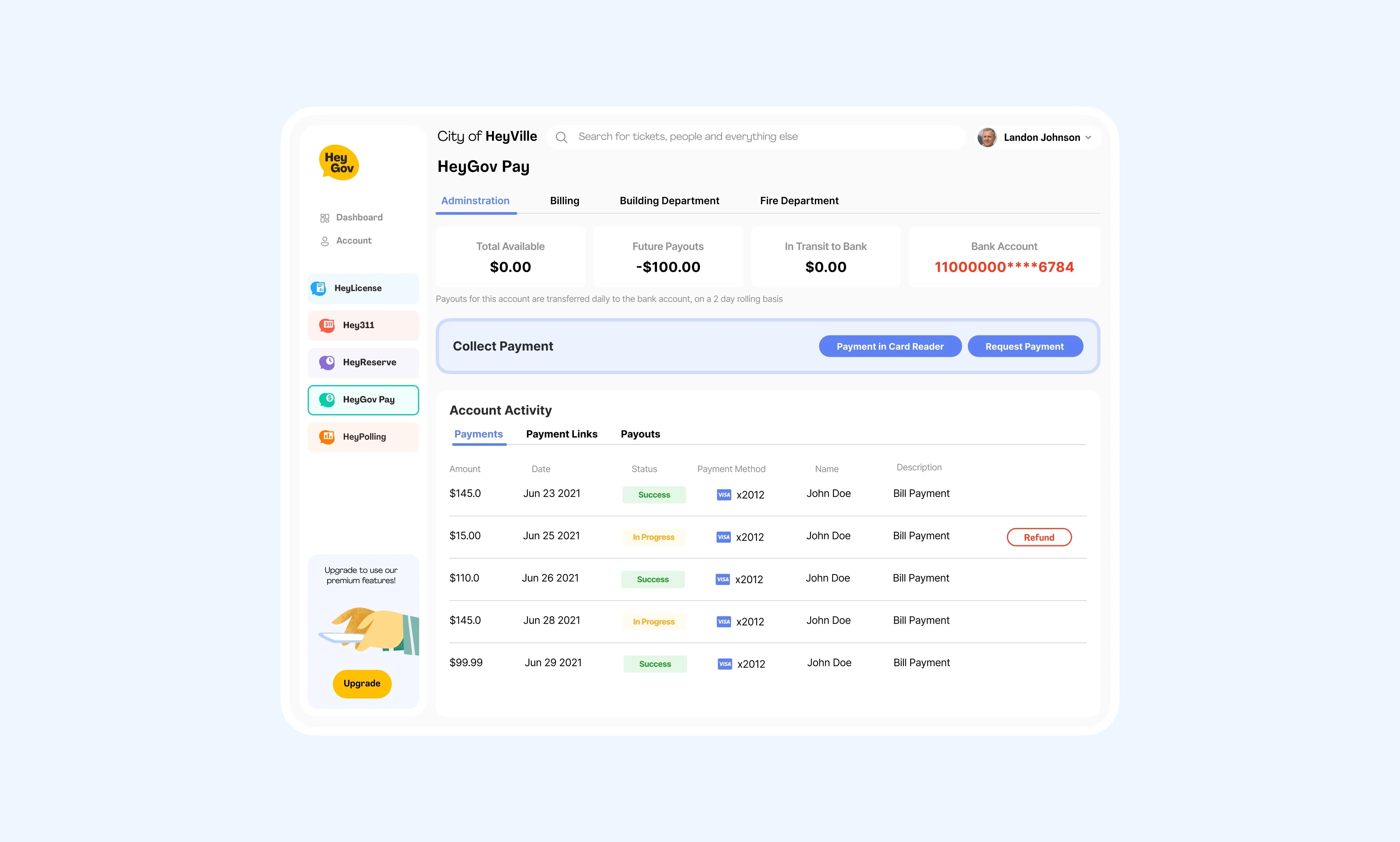 HeyGov Pay administration dashboard showing balances and payment activity