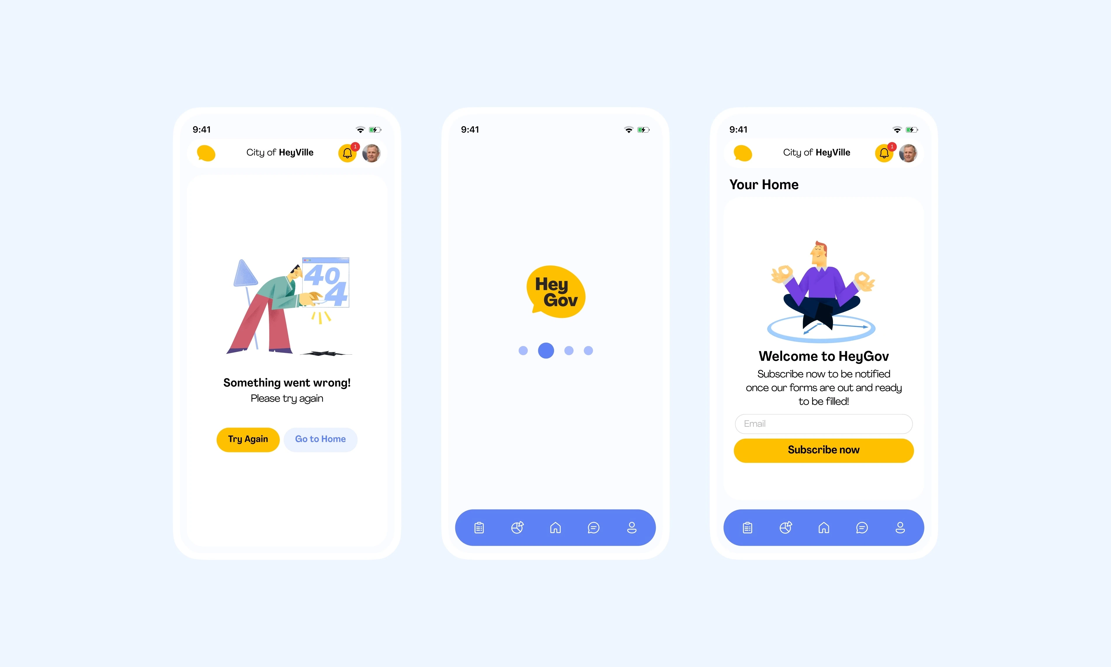 HeyGov mobile screens for an error state, loading state, and home subscription