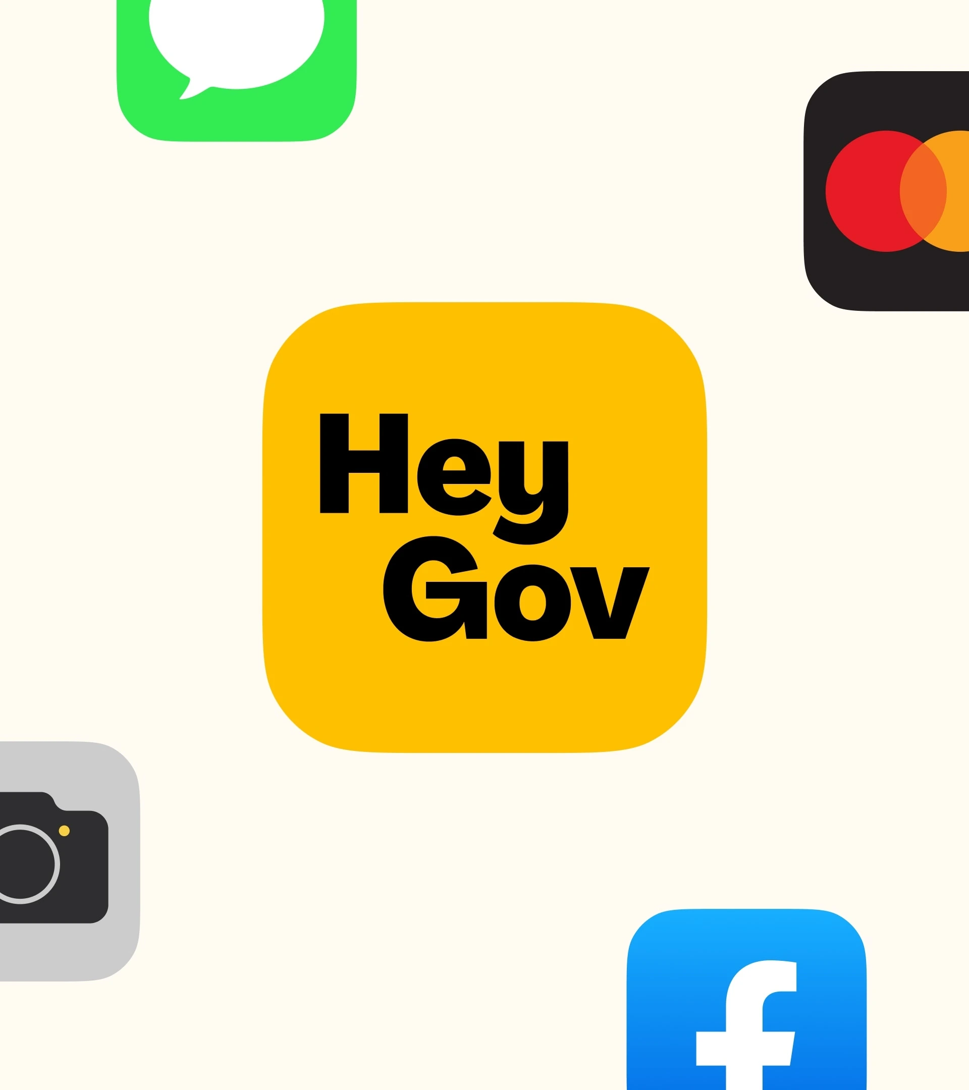 Yellow HeyGov speech-bubble app icon among familiar mobile app icons