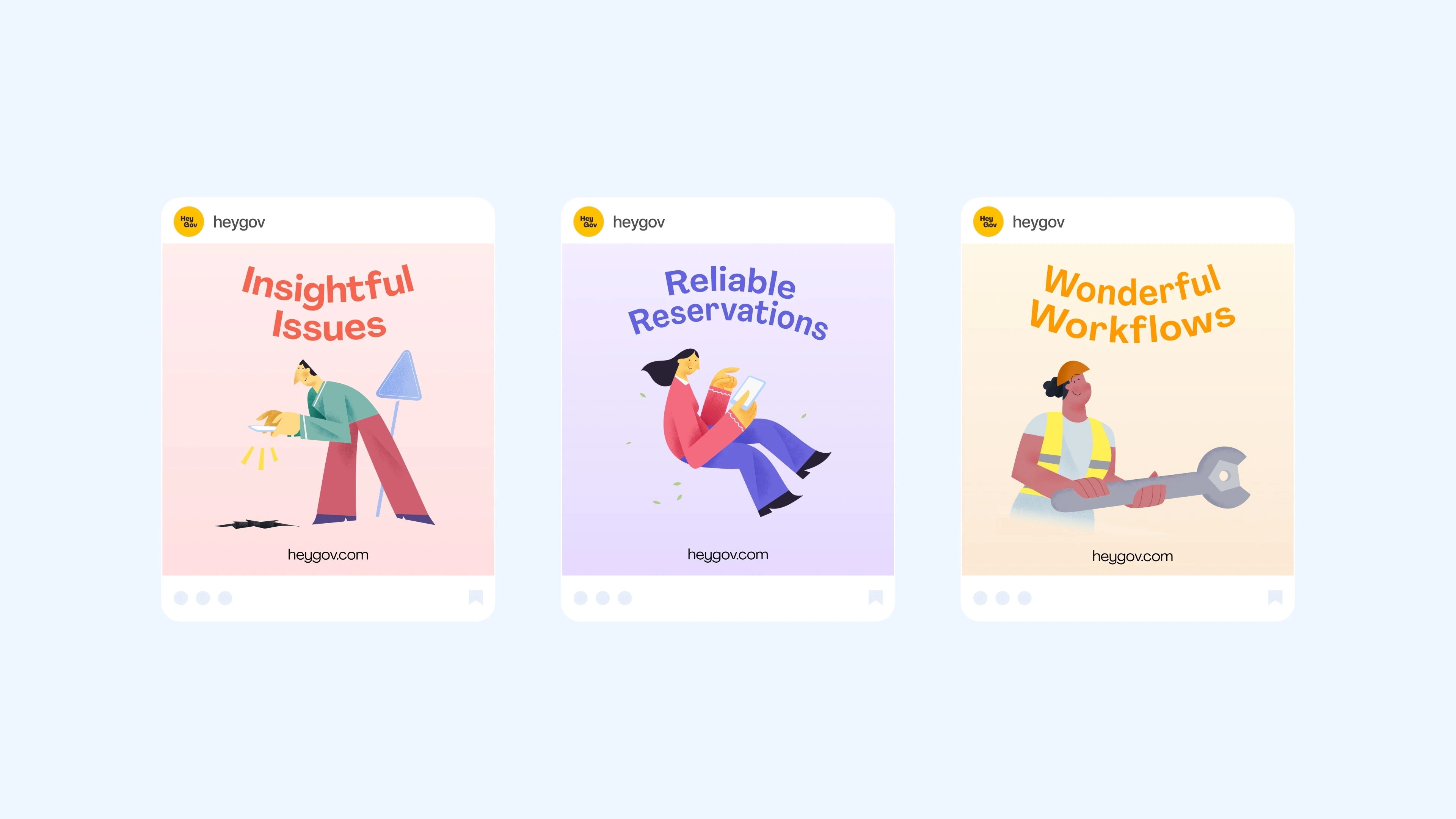 HeyGov social posts for issue reporting, reservations, and municipal workflows