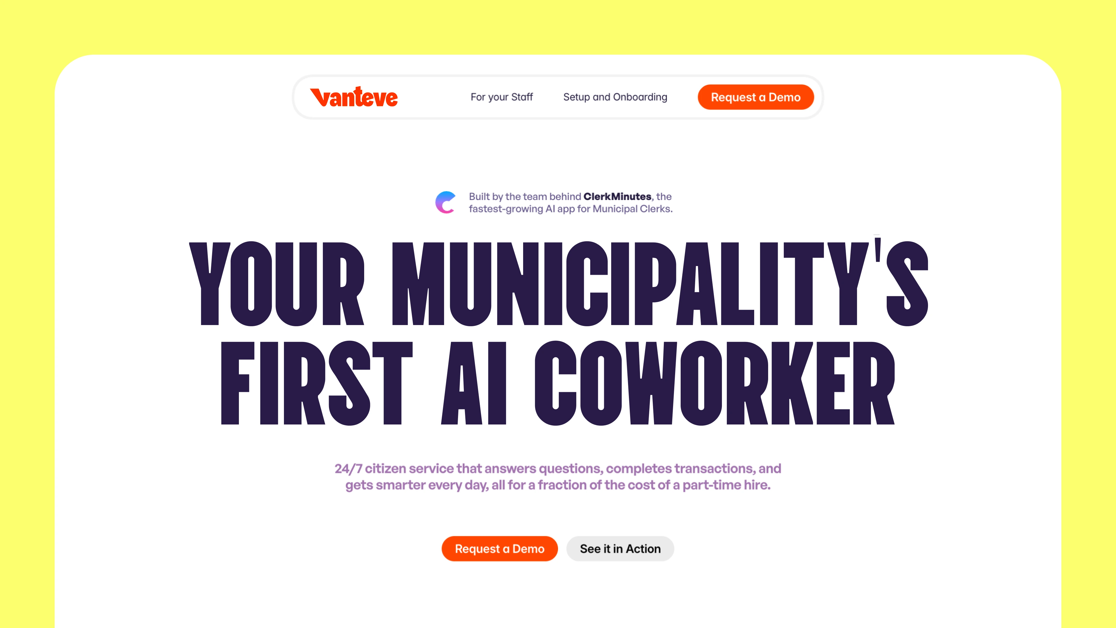 Vanteve website introducing an AI coworker for municipal staff